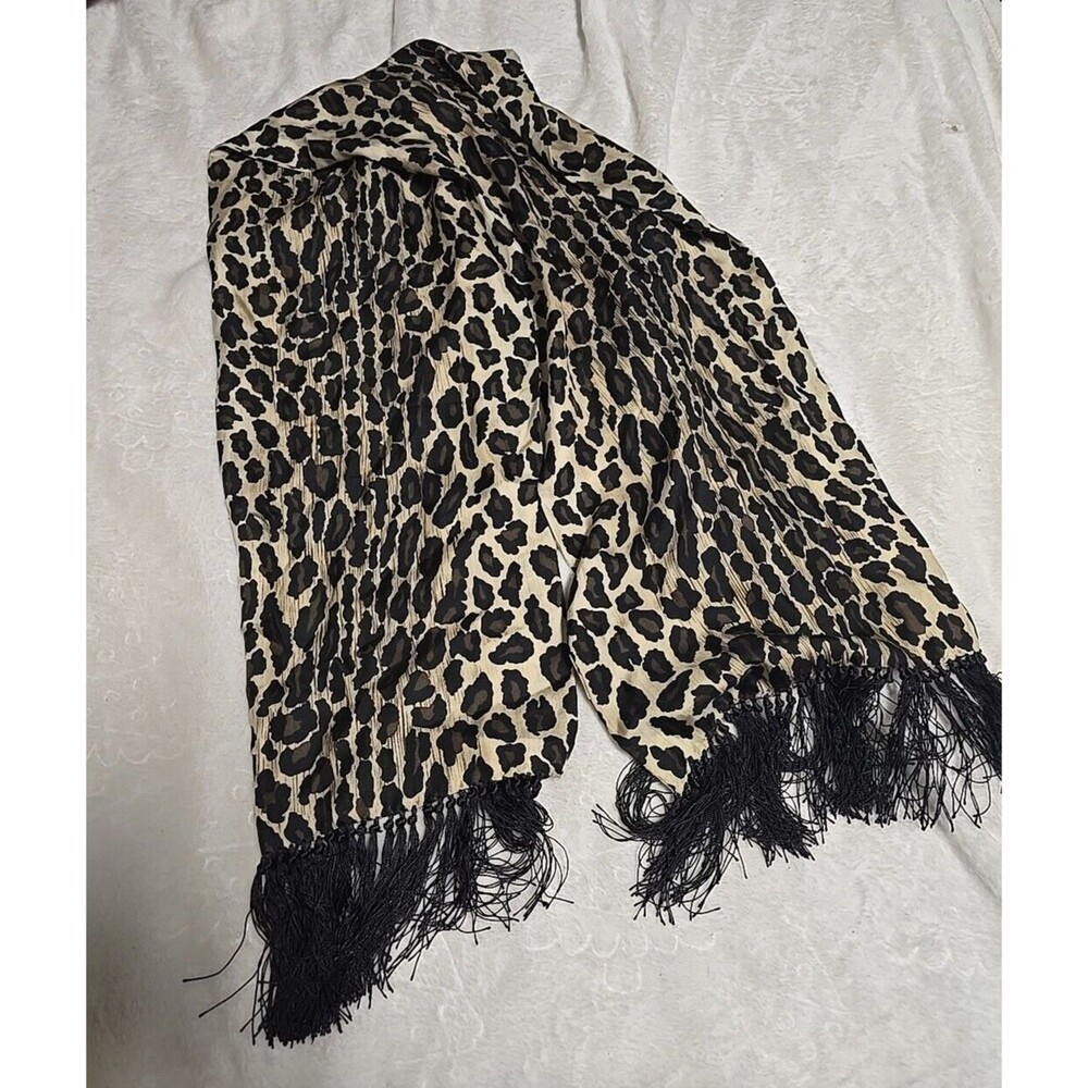 Vintage Basha Italian CHEETAH PRINT FRINGE 100% SILK  Scarf Size 10x57 NEW